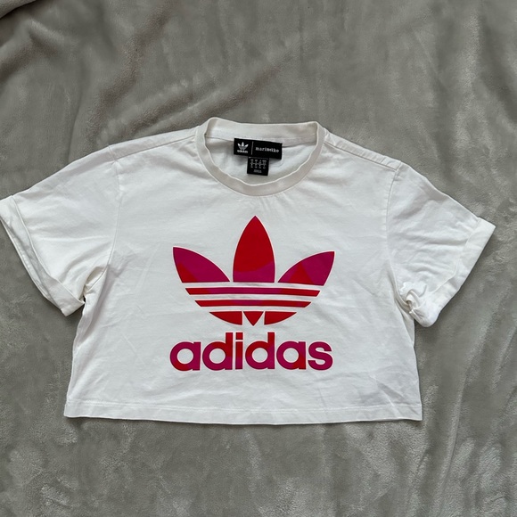 Adidas White Crop Tee with Red and Pink Logo - Picture 1 of 5